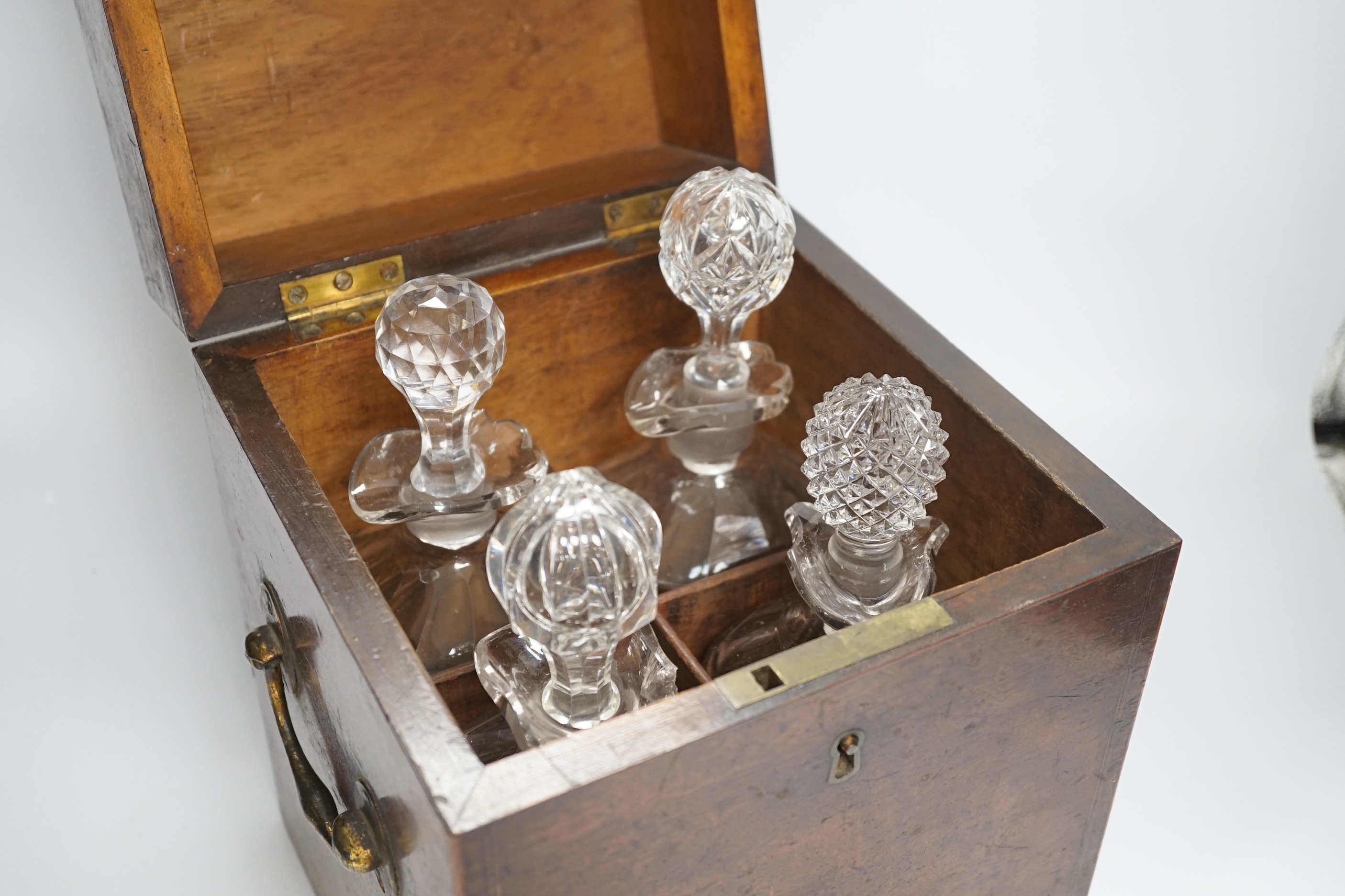 A George III decanter box and four matching glass decanters, box height 30cm